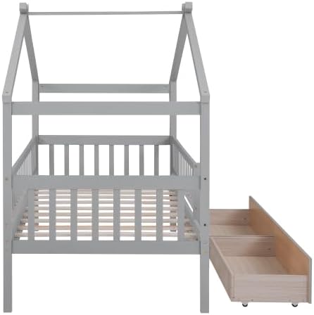 Miniatura 8 de Bellemave Cama de casa de tamaño individual con valla y 2 cajones, marco de cama Montessori de madera para niños con barandillas para niñas y niños