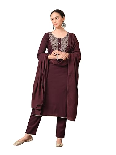 Image of Amazon Brand - Tavasya Women Cotton Anarkali Kurta Pant Dupatta Set | Printed Ethnic Suit Set | Flared Anarkali Kurta with Pant & Dupatta | Festive & Casual Wear