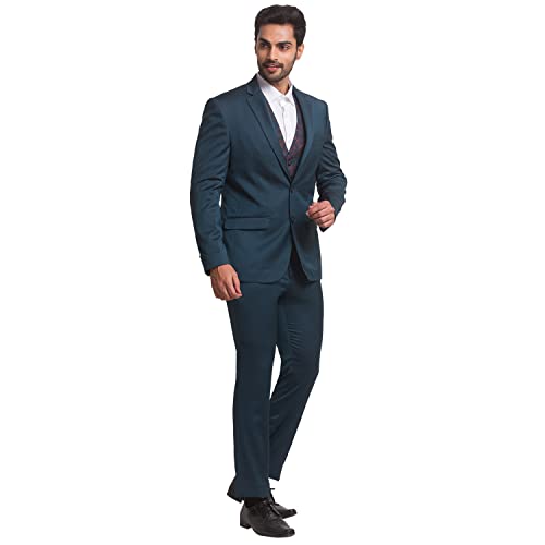 Image of Park Avenue Men's Super Slim Fit Terry Rayon Blend Peak Lapel Jacquard Pattern Full Sleeve Dark Blue Ceremonial Suit