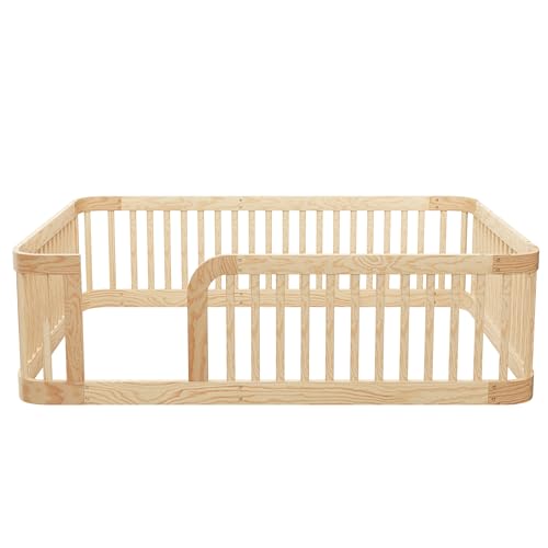 Image of Bellemave Twin Size Floor Bed Frame with High Fence,Solid Wood Kids Montessori Floor Bed Twin for Girls Boys,Rounded Corner Design,Natural