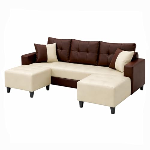 Image of SLEEPIFY Harlon Leatherette Fabric 3 Seater Sofa Set with 2 Ottoman (Cream - Dark Brown) | Comfortable & Spacious Seating | Modern Sofa Set for Living Room | Soft Touch Upholstery