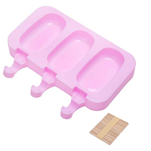 Molde Helado 3 Cavidades Con 50 Palos Madera, Mini Diseño Ovalado Moldes de Congelador para Helados y Aperitivos, Molde Barra Helado, Moldes Paletas Cover