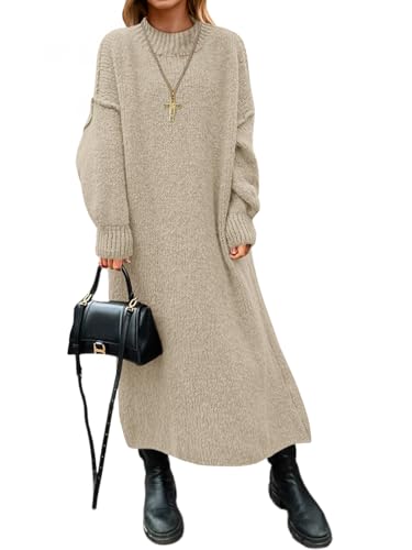 Saodimallsu Womens Oversized Sweater Dress Mock Neck Long Sleeve Casual Warm Chunky Knit Fall Winter Maxi Dresses Khaki