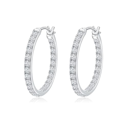 925 Sterling Silver/14K Gold Plated Hoop Earrings for Women Sensitive Ears Cubic Zirconia Cz Earrings Lab Diamond Wedding Earring Huggie Hoops 26/20/15mm
