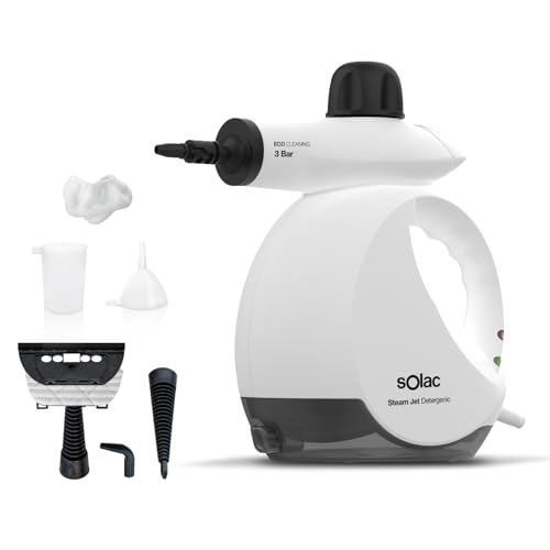 Solac - Limpiador a Vapor de Mano Steam Jet 1200W| Vaporeta 3 Bar |30g/min| 175ml con deposito gel hidroalcohólico |Multiusos Tapicería de Coche, Hogar, Cocinas, Alfombras, Cristales, Sofá