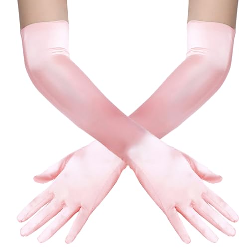 Guantes largos de satén elásticos que no se caen para disfraces de época rosa 2