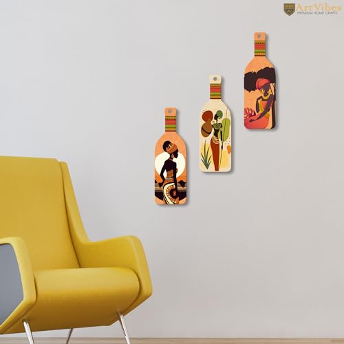 Artvibes African Warli Art Wooden Wall Hanging for Home Decor | Decoration Items for Livingroom | Art Item for Office | Decorative Mdf Wall Hanger Artwork (WH_9519N), (Set of 3)