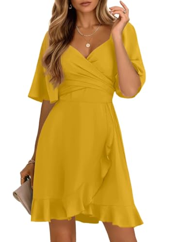 Dokotoo Womens Citrus Dresses Summer Wrap V Neck Short Sleeve Smocked Elastic Waist Tiered Belted Ruffle Hem Mini Dress Wrap Dress for Women M