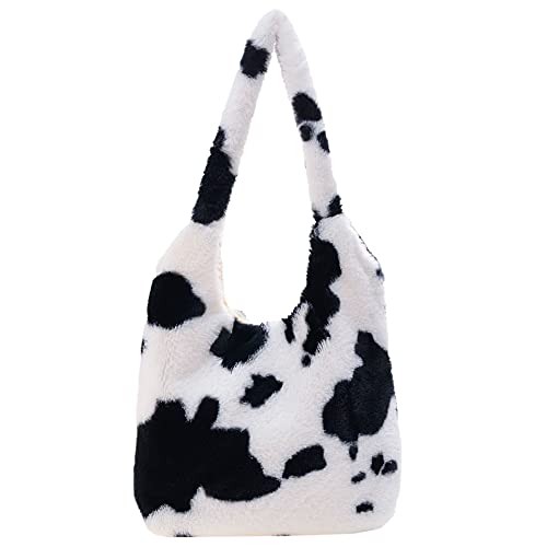 Aktudy Large Capacity Plush Shoulder Bag, Cow Pattern Hobo Bag, Women Girl Winter Plush Tote Handbags