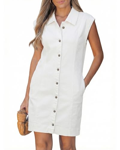 GRAPENT Knee Length Dress for Women Women Dresses Casual Dresses with Pockets for Cute Denim Short Denim Dress Cream White Size 8 to 10