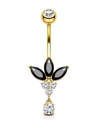 COCHARM Black Lotus Belly Button Rings, 14G Gold Dangle Belly Navel Rings for Women, Stainless Steel Belly Navel Piercing Jewelry
