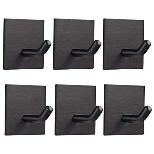 FOMANSH Heavy Duty Adhesive Hooks, Stick on Wall Adhesive Hangers, Strong Stainless Steel Holder, Self Adhesive Hooks for Kitchen Bathroom Home Door Towel Coat Key Robe 6 Packs Black