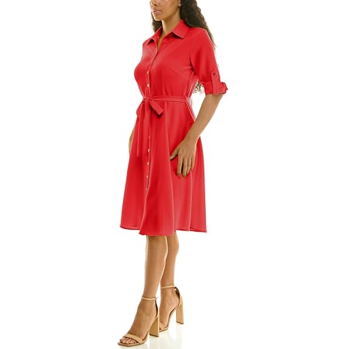 Image of Sharagano Women's Pleated Shirt Dress - 3 /4 Sleeve, V-Neck, Gold Buttons