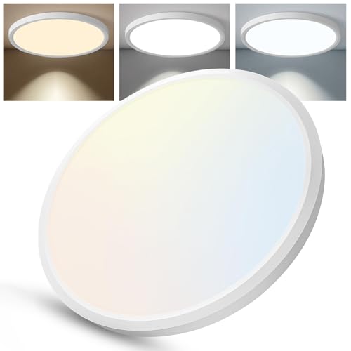 Image of 12 Inch Slim Dimmable LED Flush Mount Ceiling Light Fixtures, 24W 2640LM 3000K /4000K /5000K, Hardwired Led Lights for Bedroom Hallway Laundry Room Rental Units, 240W Equiv., White