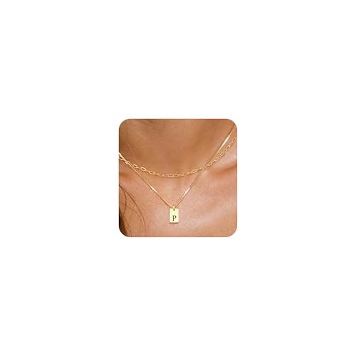 Collares con inicial de oro para mujer, no se deslustran, collar con colgante de letra cuadrada delicada de 14 quilates, resistente al agua, cadena fina con nombre personalizado para niña
