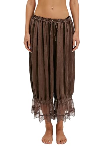 Image of NUFIWI Women Ruffle Long Bloomer Y2k Lace Trim Pettipants Pantaloons Mid Rise Cropped Pajama Pants Under Dress Slips