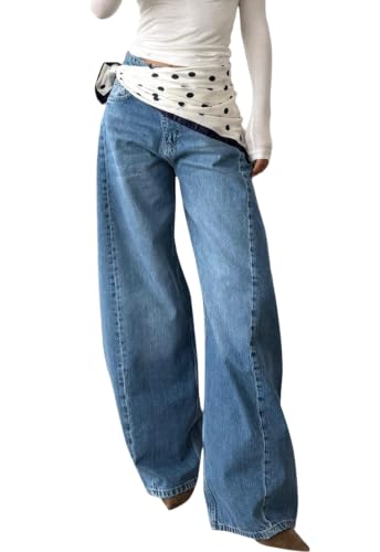 Image of Women's Straight Leg Jeans High Waisted Wide Leg Stretchy Baggy Denim Pants