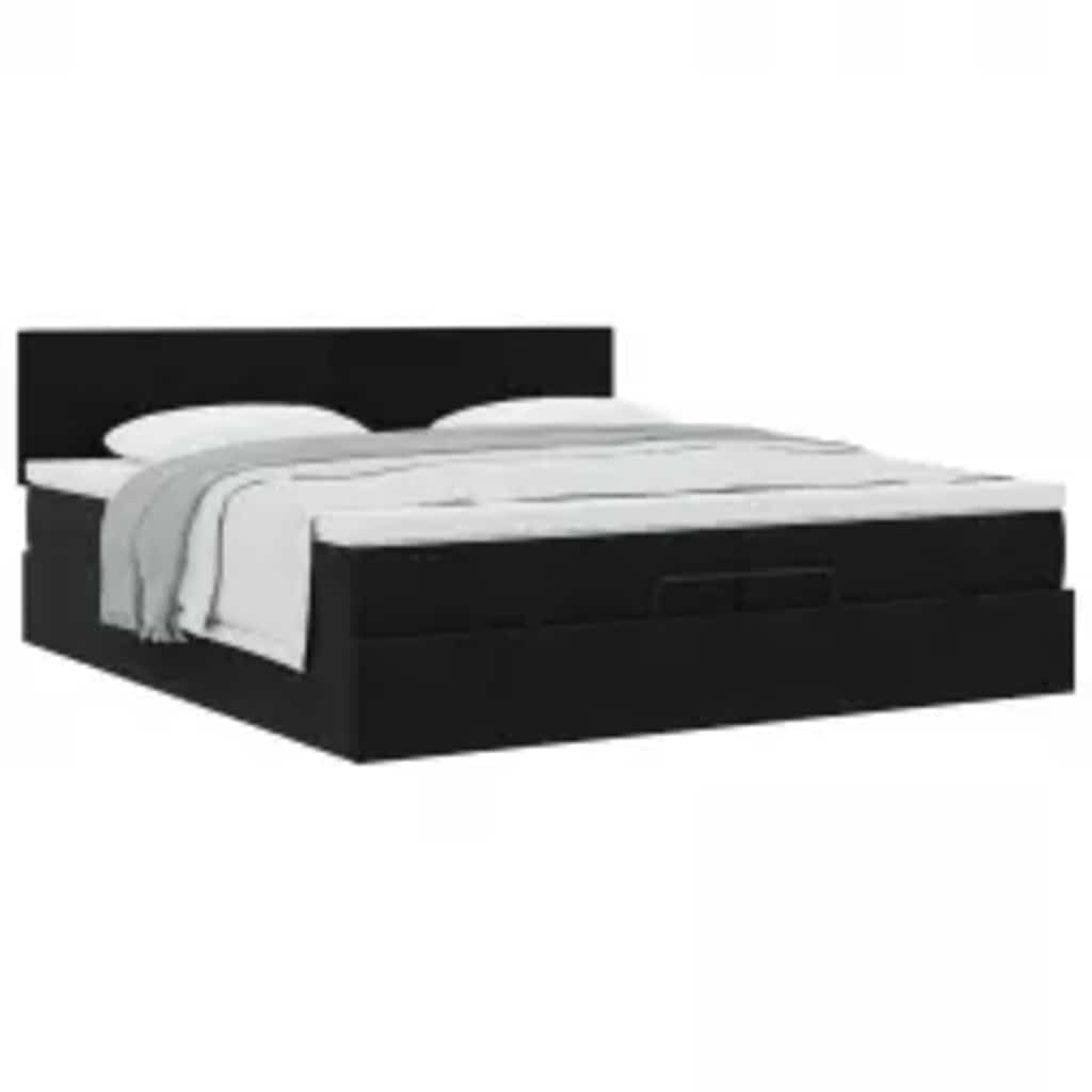 Cama otomana de 200 x 200 cm, terciopelo negro con colchones, almacenamiento hidráulico, cabecero regulable en altura