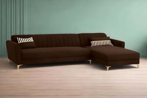 Image of Adorn India Premium Luster 6 Seater L Shape Sofa Set | Velvet Suede Fabric | 3-Year Warranty | LHS |Color Brown with Golden Legs & Striped Pattern Cushion