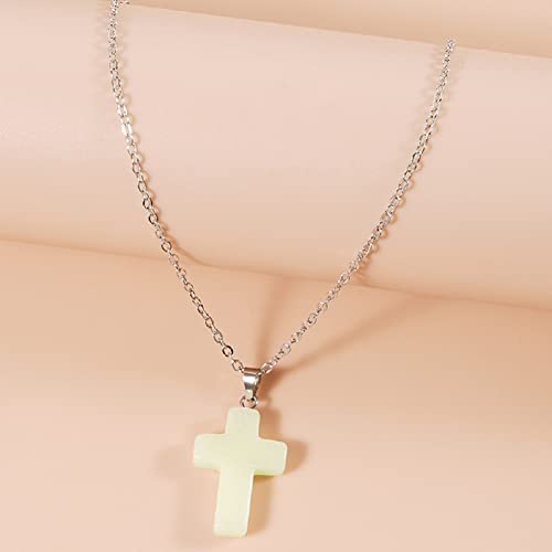 ASFKIPMF Glow in The Dark Crystal Pendant Necklace, Luminous Hexagonal Moonstone Necklace, Fluorescent Stone Necklace, Glowing Gemstone Cross Crystal Charms for Necklace (Cross)2