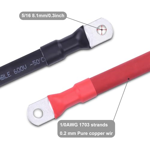 Image of 1 /0 AWG Flexible Battery Cable with 5 /16 inch Terminals - OFC Pure Copper Inverter & Welding Wire for Automotive Solar RV Motorcycle (Red + Black 1.5FT Pair)