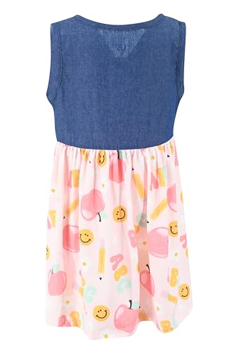 Image of Unique Baby Girls Sleeveless Denim Dress with Knot Tie and Fun Print for Toddler and Big Kids