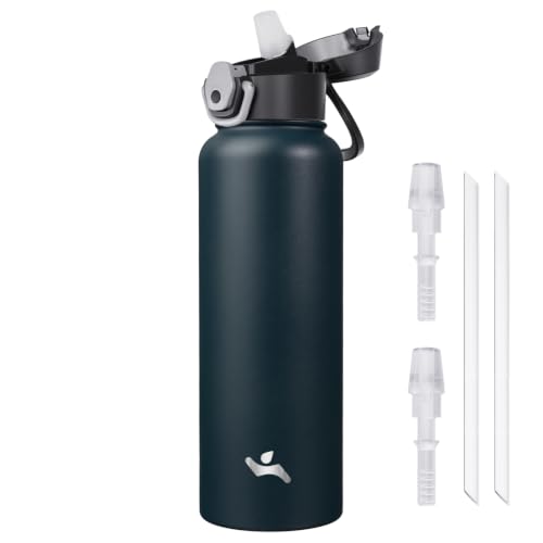 Image of Konokyo 40 oz Insulated Water Bottle with Straw, Carry Loop, Navy Blue