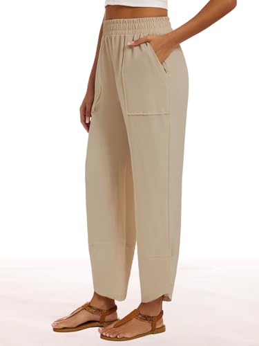 Womens Baggy Wide Leg Pants Casual Elastic Waisted Lounge Pants Palazzo Harem Pants Trousers with Pockets Light Khaki4