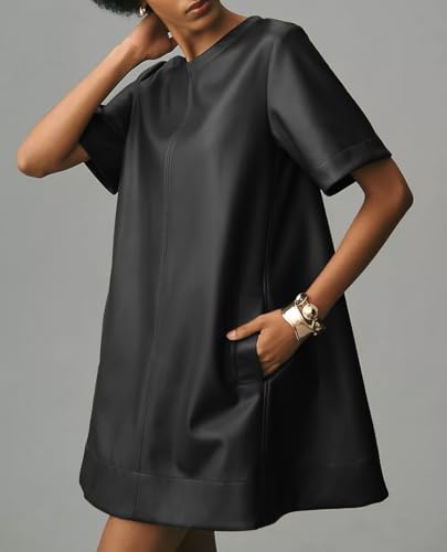 Women Faux Leather Mini Dress Short Sleeve Crew Neck A Line Flowy Swing PU Party Dress with Pockets2