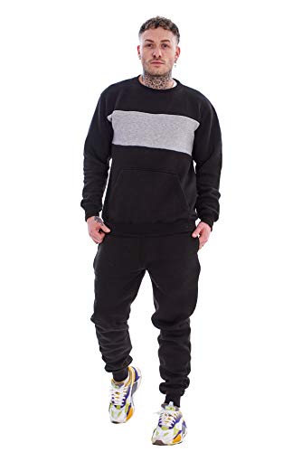 Image of Mens Panelled Tracksuit Branded Fleece Crew Neck Sweatshirts Cotton Joggers (Black, Small)
