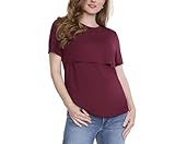 Motherhood Maternity Women's Short Sleeve Crew Neck Nursing Tee Shirt for Breastfeeding with Easy Access, Tawny Port, Large