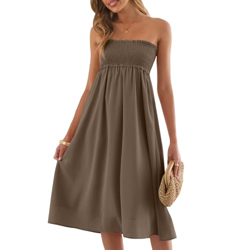 Générique Robe Ete Femme Chic Elegant Robe Mi Longue Fluide avec Bustier Smocke Et Poches Robes De Plage pour Cocktail Ceremonie Et Fetes Coffee, XXL
