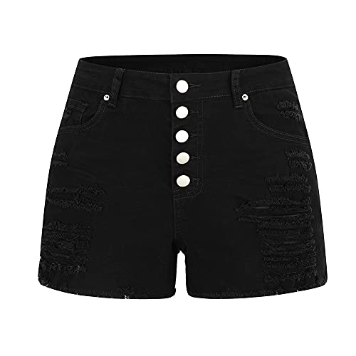 Image of THUNDER STAR Women Mid Rise Ripped Stretchy Jeans Shorts Frayed Raw Hem Casual Denim Shorts
