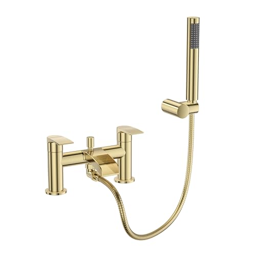VeeBath Stream Robinet mitigeur rond cascade pour baignoire/douche – Finition laiton brossé à double levier, robinet de salle de bain monté sur le pont...