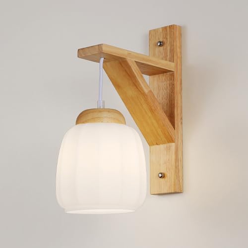 Aplique de Pared de Madera de Mediados de Siglo, Estilo nórdico, de Vidrio Estriado con Leche, lámpara de Pared Vintage para Pasillo, lámpara de Pared Colgante rústica de Estilo rústico para dormitor