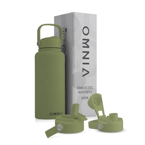 OMNIA Vacuum Insulated Stainless Steel Water Bottle, 2 Lids (Straw & Spout) Leakproof, BPA-Free, Reusable Flask, Hot & Cold Thermos for Sports, Gym, Travel, Outdoors (Olive Green, 1000ML)