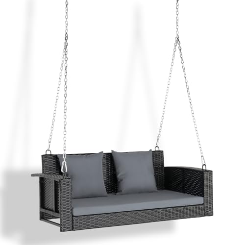 Image of VINGLI 4FT Outdoor Porch Swing, Wicker Patio Swing with Chains, Gray