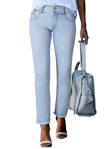 Sidefeel Women's Jeans High Waisted Strechy Straight Legs Boyfriend Denim Pants with Pockets L Light Blue Size 4 Short