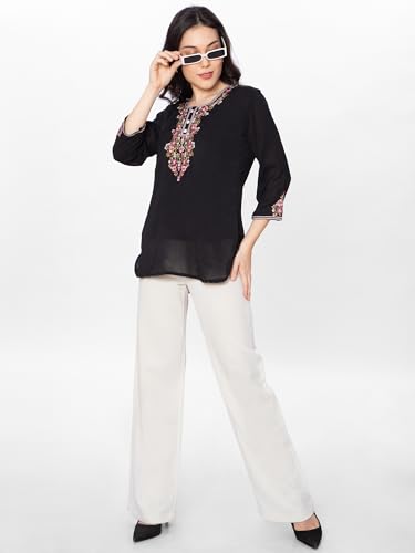 Image of HAUTEMODA Women Cotton Floral Embroidered Short Kurti, Tunic, Three-Fourth Sleeves, White