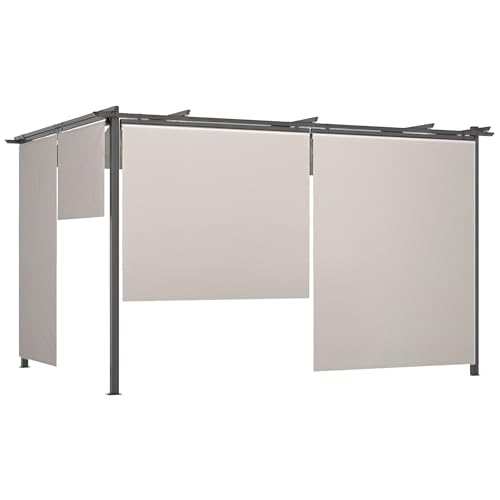 Outsunny Pérgola con Techo Retráctil 4x3 m Cenador para Exterior con 4 Laterales Enrollables de Poliéster y Estructura de Metal para Terraza Patio Crema