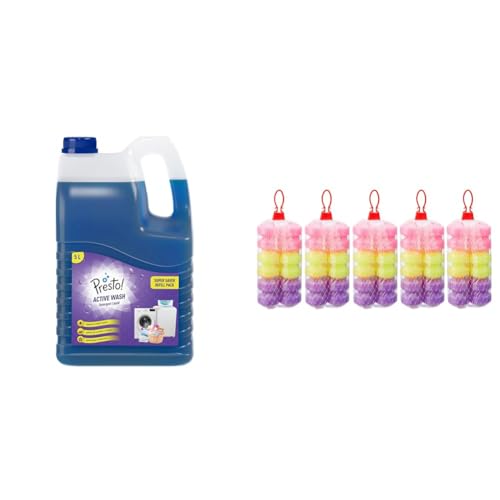 Image of Amazon Brand - Presto! Active Wash Detergent Liquid | Tough on Stains| Gentle on Fabrics | Colour- | Amazon Brand - Presto! Sanicubes | 1 Kg | 200 g x Pack of 5 | Bathroom Freshener Balls