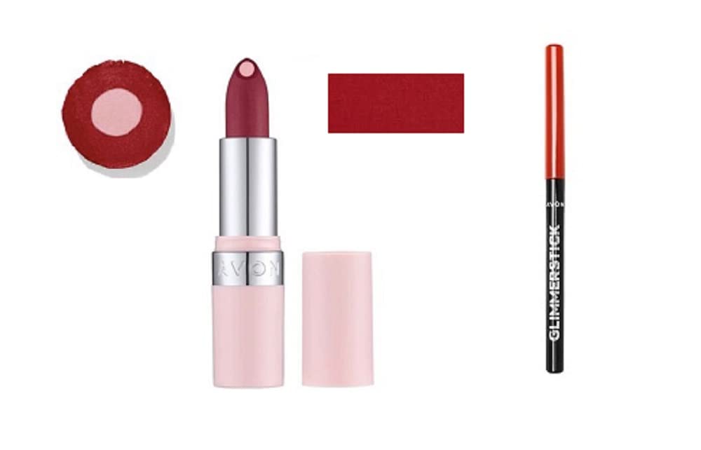 Hydramatic Matte Lipstick Kit consists of Lipstick Hydra Siren Red, Glimmerstick lip liner True Red,and handbag makeup mirror by Avon