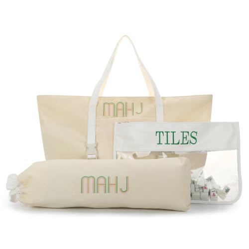 Oweisong 3 in 1 Mahjong Tiles Bags Set Tiles and Racks Storage Tote Handbag Mahj Embroidered Carry Travel Bag with Clear Tile Bag