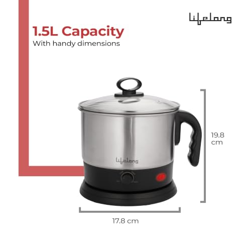 Image of Lifelong Electric Multi Kettle | Multifunction Cooker Kettle 1.5L | Boiling Milk, Eggs, Maggi, Soup & Noodles | 600W Stainless Steel Body, Fast Heating, Easy Cleaning (Silver, LLMK23)