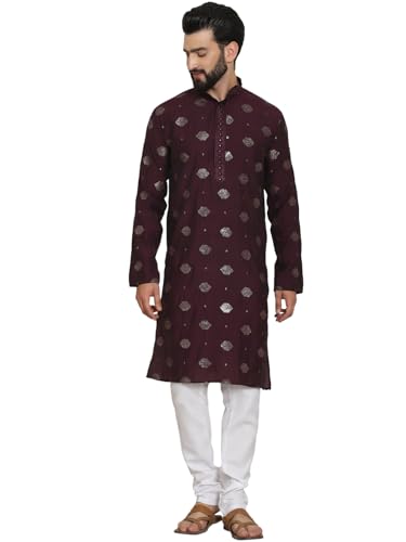 Image of SOJANYA (Since 1958 Men's Cotton Silk Sequinned Embroidered Kurta with White Pyjama