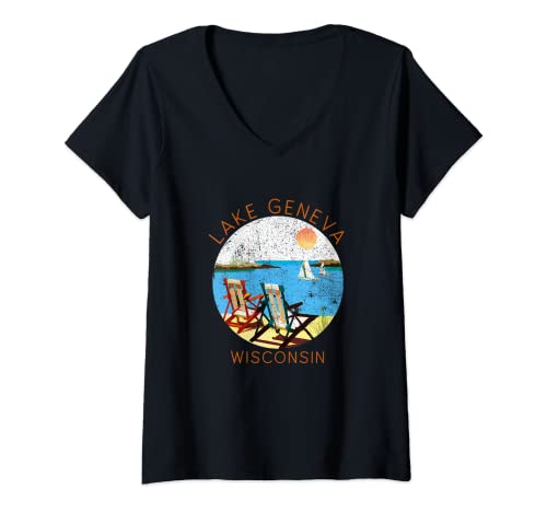 Mujer Recuerdo retro del lago Ginebra – Vacaciones en el lago vintage Camiseta Cuello V
