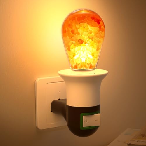 BrightWish Lampada di Sale Lampadina Sale Rosa E27 con Spina – Lampada Notturna LED con Cristallo di Sale Naturale, Luce Ambra 2200K, Lampadina Decorativa ST45 4W con Interruttore EU