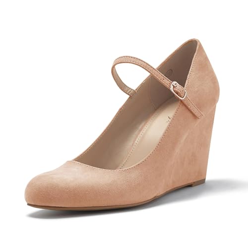 Image of Coutgo Womens Wedge Pumps Dressy Mary Jane Shoes Comfort Wedges Closed Toe Ankle Strap Heeled Shoes