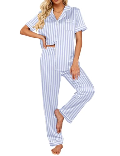 Image of Ekouaer 2 Piece Satin Short Sleeve Pajamas Set Button Down Sleepwear | Soft Pjs Set Classic Loungewear for Wedding, Party, Home, Daily Wear, Date Nights