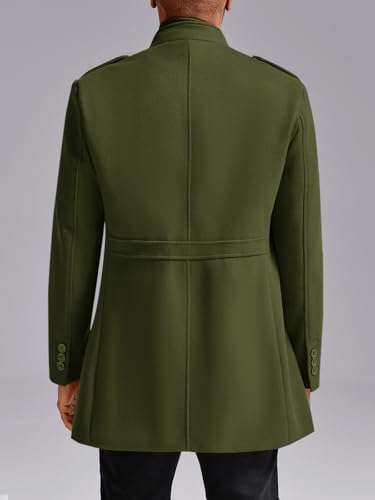 Karlywindow Mens Trench Coat Long Sleeve Stand Collar Single Breasted Pea Coat Casual Mid Long Slim Fit Overcoat with Pockets4